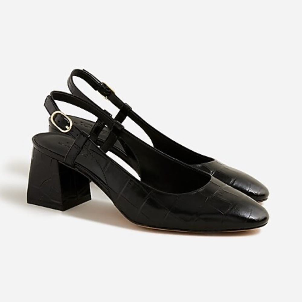 NWOT J.Crew Black Layne Slingback Heels Croc-Embossed Leather Women's Size 7.5